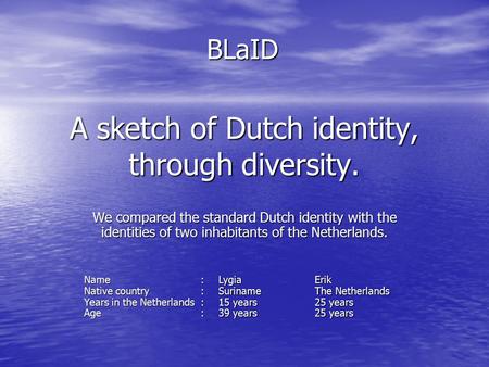 A sketch of Dutch identity, through diversity. We compared the standard Dutch identity with the identities of two inhabitants of the Netherlands. BLaID.