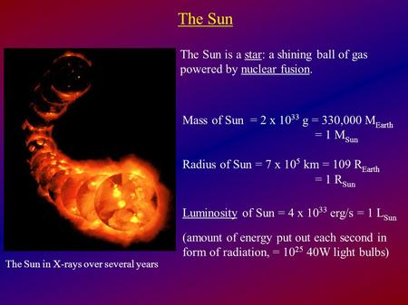 The Sun The Sun in X-rays over several years The Sun is a star: a shining ball of gas powered by nuclear fusion. Luminosity of Sun = 4 x 10 33 erg/s =