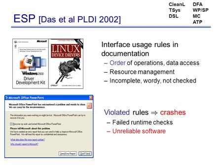 ESP [Das et al PLDI 2002] Interface usage rules in documentation –Order of operations, data access –Resource management –Incomplete, wordy, not checked.
