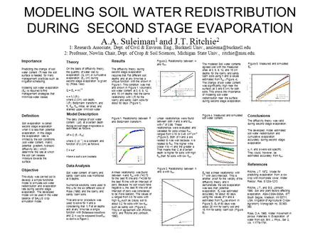 MODELING SOIL WATER REDISTRIBUTION DURING SECOND STAGE EVAPORATION A.A. Suleiman 1 and J.T. Ritchie 2 1: Research Associate, Dept. of Civil & Environ.