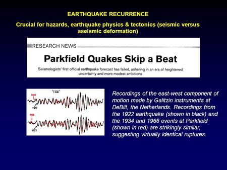 EARTHQUAKE RECURRENCE Crucial for hazards, earthquake physics & tectonics (seismic versus aseismic deformation) Recordings of the east-west component of.