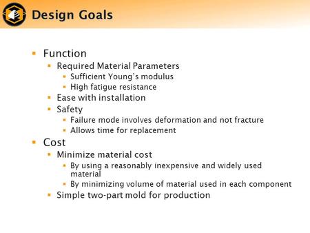 Design Goals  Function  Required Material Parameters  Sufficient Young’s modulus  High fatigue resistance  Ease with installation  Safety  Failure.