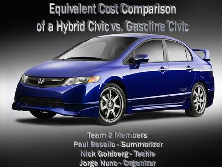 OBJECTIVE  DETERMINE THE EQUIVALENT COST OF A HYBRID CIVIC TO A PURE INTERNAL COMBUSTION HONDA CIVIC.  COMPARE HIGHWAY AND CITY MILEAGE RATIOS TO DETERMINE.