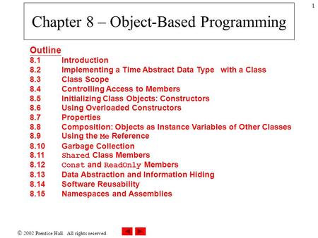  2002 Prentice Hall. All rights reserved. 1 Chapter 8 – Object-Based Programming Outline 8.1Introduction 8.2 Implementing a Time Abstract Data Type with.