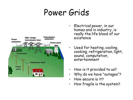 Power Grids Electrical power, in our homes and in industry, is really the life blood of our existence Used for heating, cooling, cooking, refrigeration,