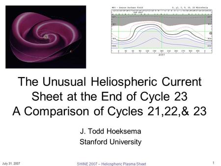 1 July 31, 2007 SHINE 2007 – Heliospheric Plasma Sheet The Unusual Heliospheric Current Sheet at the End of Cycle 23 A Comparison of Cycles 21,22,& 23.