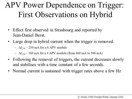 E. Noah, CMS Tracker Week, January 2003 APV Power Dependence on Trigger: First Observations on Hybrid Effect first observed in Strasbourg and reported.