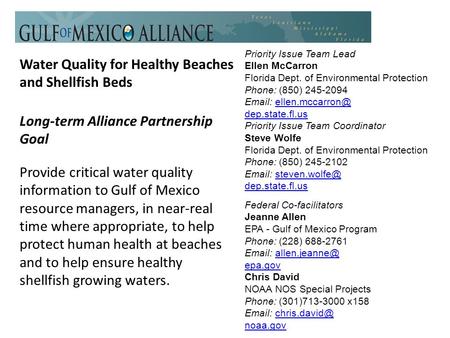 Water Quality for Healthy Beaches and Shellfish Beds Long-term Alliance Partnership Goal Provide critical water quality information to Gulf of Mexico resource.
