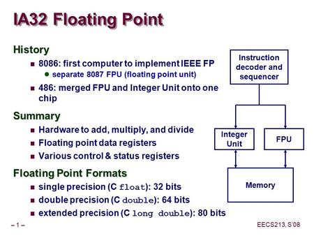 IA32 Floating Point History Summary Floating Point Formats