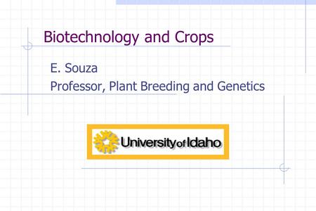 Biotechnology and Crops E. Souza Professor, Plant Breeding and Genetics.