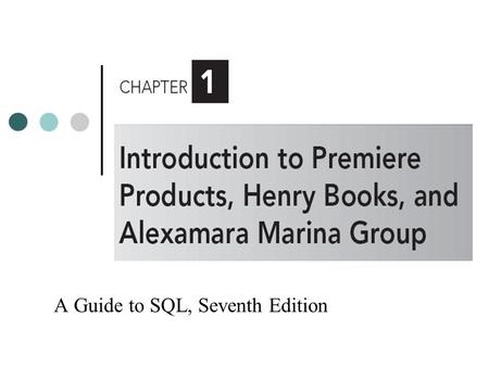A Guide to SQL, Seventh Edition. Objectives Introduce Premiere Products, a company whose database is used as the basis for many of the examples throughout.