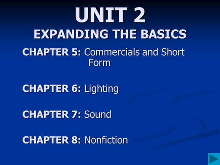 UNIT 2 EXPANDING THE BASICS CHAPTER 5: Commercials and Short Form CHAPTER 6: Lighting CHAPTER 7: Sound CHAPTER 8: Nonfiction.