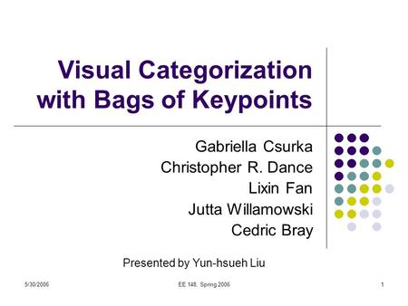 5/30/2006EE 148, Spring 20061 Visual Categorization with Bags of Keypoints Gabriella Csurka Christopher R. Dance Lixin Fan Jutta Willamowski Cedric Bray.