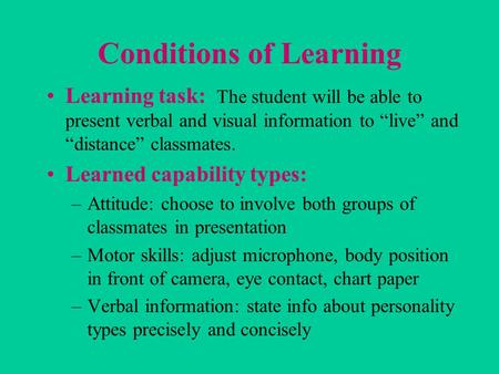 Conditions of Learning Learning task: The student will be able to present verbal and visual information to “live” and “distance” classmates. Learned capability.