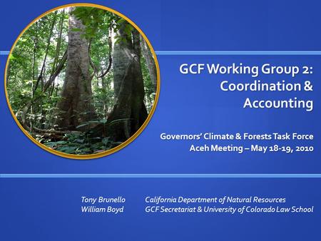 GCF Working Group 2: Coordination & Accounting Governors’ Climate & Forests Task Force Aceh Meeting – May 18-19, 2010 Tony BrunelloCalifornia Department.