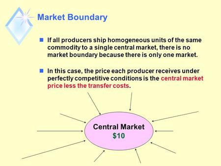 Market Boundary nIf all producers ship homogeneous units of the same commodity to a single central market, there is no market boundary because there is.