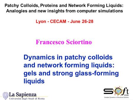 Patchy Colloids, Proteins and Network Forming Liquids: Analogies and new insights from computer simulations Lyon - CECAM - June 26-28 Dynamics in patchy.