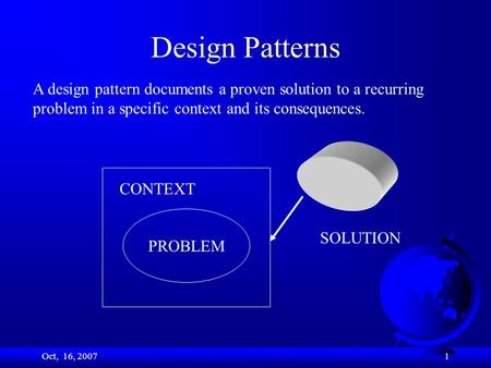 Oct, 16, 2007 1 Design Patterns PROBLEM CONTEXT SOLUTION A design pattern documents a proven solution to a recurring problem in a specific context and.