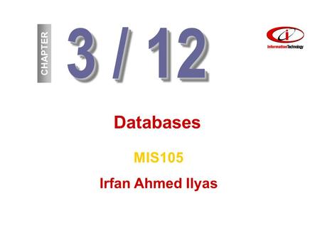 3 / 12 CHAPTER Databases MIS105 Irfan Ahmed Ilyas.