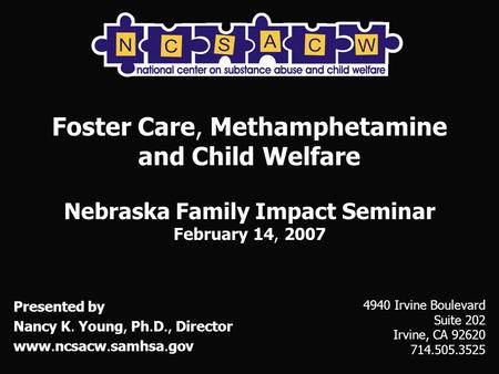 Foster Care, Methamphetamine and Child Welfare Nebraska Family Impact Seminar February 14, 2007 Presented by Nancy K. Young, Ph.D., Director www.ncsacw.samhsa.gov.