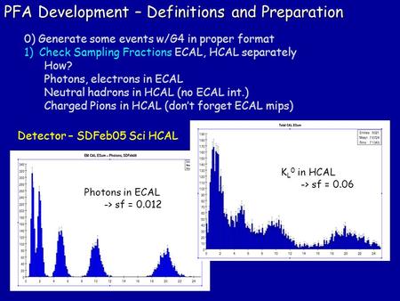 PFA Development – Definitions and Preparation 0) Generate some events w/G4 in proper format 1)Check Sampling Fractions ECAL, HCAL separately How? Photons,