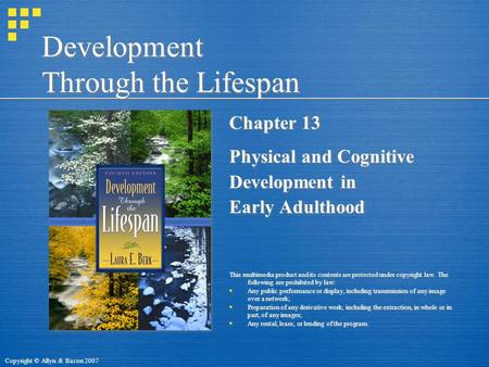 Copyright © Allyn & Bacon 2007 Development Through the Lifespan Chapter 13 Physical and Cognitive Development in Early Adulthood This multimedia product.