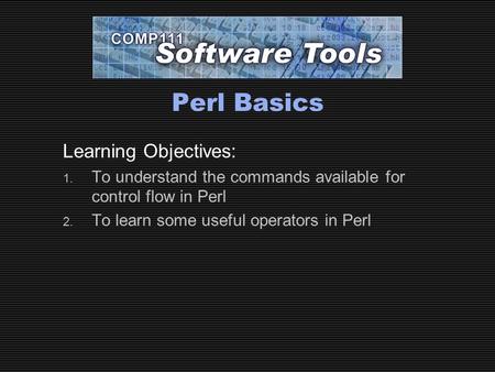 Perl Basics Learning Objectives: 1. To understand the commands available for control flow in Perl 2. To learn some useful operators in Perl.