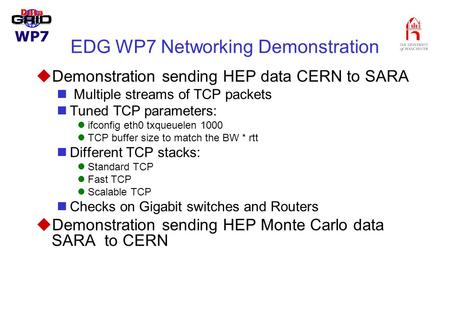 EDG WP7 Networking Demonstration uDemonstration sending HEP data CERN to SARA Multiple streams of TCP packets Tuned TCP parameters: ifconfig eth0 txqueuelen.
