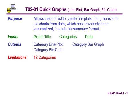 ESAP T02-01 - 1 T02-01 Quick Graphs (Line Plot, Bar Graph, Pie Chart) Purpose Allows the analyst to create line plots, bar graphs and pie charts from data,