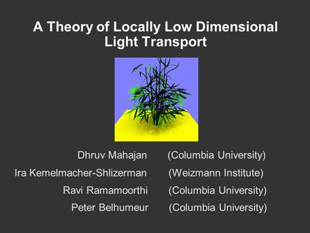 A Theory of Locally Low Dimensional Light Transport Dhruv Mahajan (Columbia University) Ira Kemelmacher-Shlizerman (Weizmann Institute) Ravi Ramamoorthi.