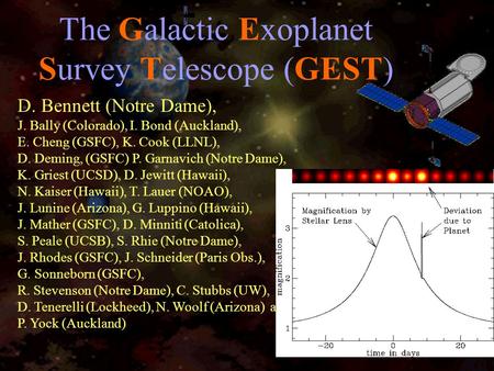 The Galactic Exoplanet Survey Telescope (GEST) D. Bennett (Notre Dame), J. Bally (Colorado), I. Bond (Auckland), E. Cheng (GSFC), K. Cook (LLNL), D. Deming,