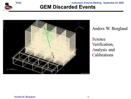 SVACInstrument Analysis Meeting, September 23, 2005 Anders W. Borgland 1 GEM Discarded Events Anders W. Borgland Science Verification, Analysis and Calibrations.