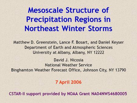 Mesoscale Structure of Precipitation Regions in Northeast Winter Storms Matthew D. Greenstein, Lance F. Bosart, and Daniel Keyser Department of Earth and.