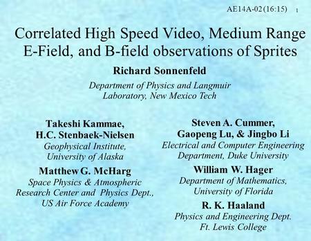 1 Correlated High Speed Video, Medium Range E-Field, and B-field observations of Sprites Takeshi Kammae, H.C. Stenbaek-Nielsen Geophysical Institute, University.
