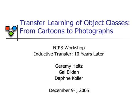 Transfer Learning of Object Classes: From Cartoons to Photographs NIPS Workshop Inductive Transfer: 10 Years Later Geremy Heitz Gal Elidan Daphne Koller.