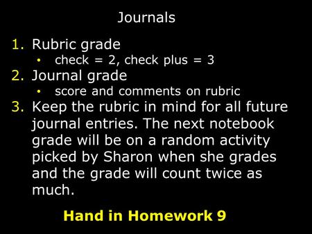 Journals 1.Rubric grade check = 2, check plus = 3 2.Journal grade score and comments on rubric 3.Keep the rubric in mind for all future journal entries.