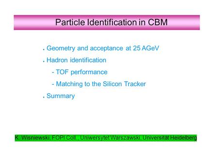 Particle Identification in CBM ● Geometry and acceptance at 25 AGeV ● Hadron identification - TOF performance - Matching to the Silicon Tracker ● Summary.