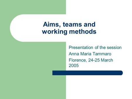 Aims, teams and working methods Presentation of the session Anna Maria Tammaro Florence, 24-25 March 2005.
