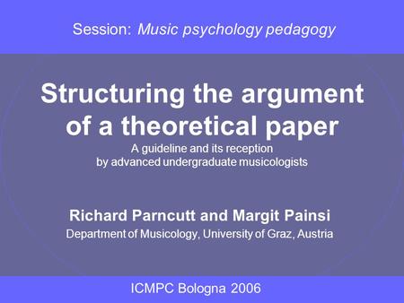 Structuring the argument of a theoretical paper A guideline and its reception by advanced undergraduate musicologists Richard Parncutt and Margit Painsi.