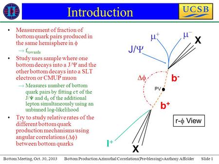 Bottom Production Azimuthal Correlations(Pre-blessing)-Anthony Affolder Bottom Meeting, Oct. 30, 2003Slide 1 Introduction Measurement of fraction of bottom.