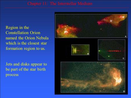 Chapter 11: The Interstellar Medium Region in the Constellation Orion named the Orion Nebula which is the closest star formation region to us. Jets and.