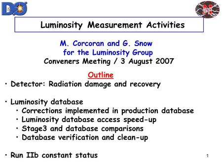 1 Luminosity Measurement Activities M. Corcoran and G. Snow for the Luminosity Group Conveners Meeting / 3 August 2007 Outline Detector: Radiation damage.
