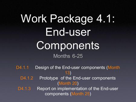 Work Package 4.1: End-user Components Months 6-25 D4.1.1Design of the End-user components (Month 13) D4.1.2Prototype of the End-user components (Month.