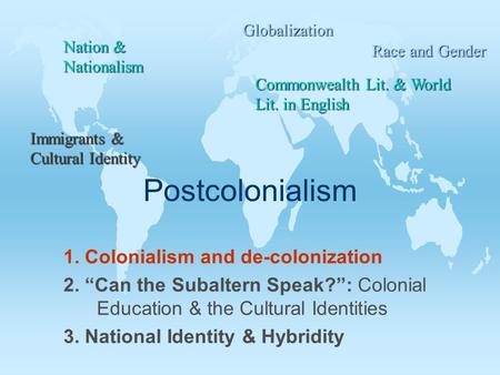 Postcolonialism 1. Colonialism and de-colonization 2. “Can the Subaltern Speak?”: Colonial Education & the Cultural Identities 3. National Identity & Hybridity.