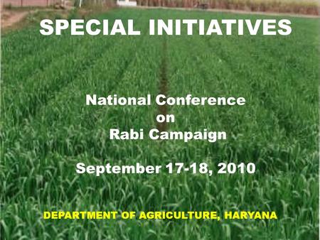 1 1 SPECIAL INITIATIVES National Conference on Rabi Campaign September 17-18, 2010 DEPARTMENT OF AGRICULTURE, HARYANA.