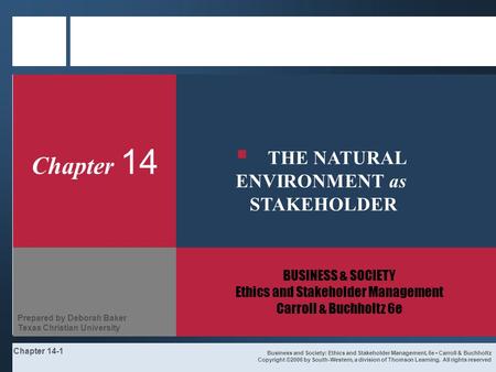 Chapter 14-1 Chapter 14 BUSINESS & SOCIETY Ethics and Stakeholder Management Carroll & Buchholtz 6e Business and Society: Ethics and Stakeholder Management,