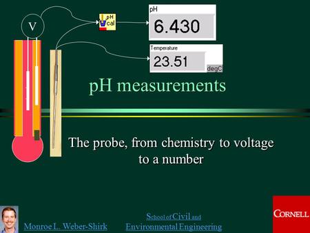 Monroe L. Weber-Shirk S chool of Civil and Environmental Engineering pH measurements The probe, from chemistry to voltage to a number + + V.