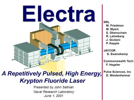 Naval Research Laboratory June 1, 2001 Electra title page A Repetitively Pulsed, High Energy, Krypton Fluoride Laser Electra Presented by John Sethian.