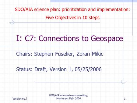 SDO/AIA science plan: prioritization and implementation: Five Objectives in 10 steps [session no.] HMI/AIA science teams meeting; Monterey; Feb. 20061.