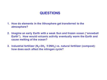 QUESTIONS 1.How do elements in the lithosphere get transferred to the atmosphere? 2.Imagine an early Earth with a weak Sun and frozen ocean (“snowball.